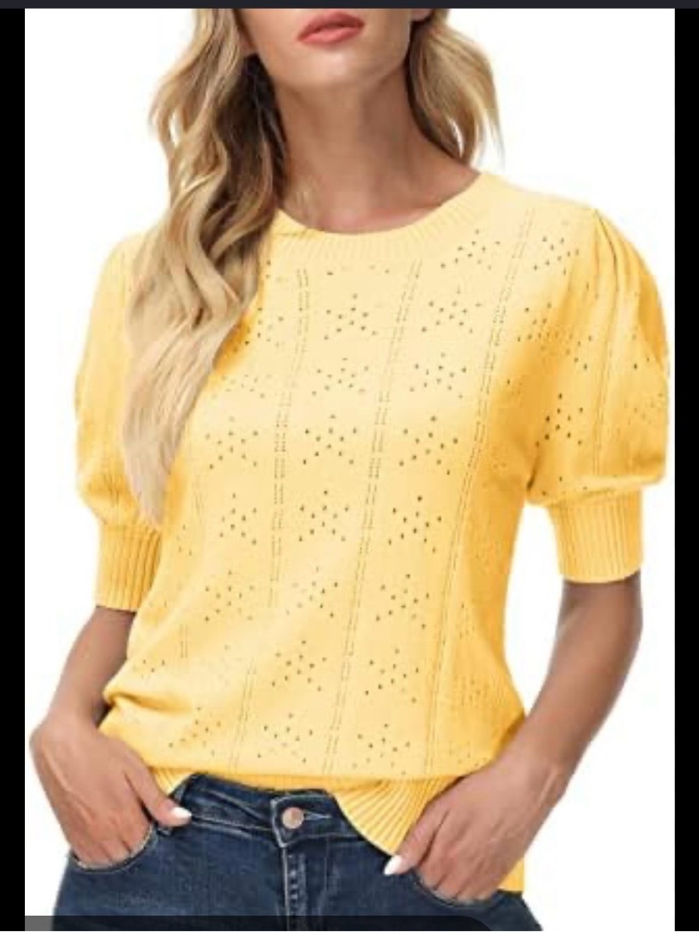 Grace Karin Yellow Eyelet Pointelle Knit Puff Sleeve Sweater Top Size Large